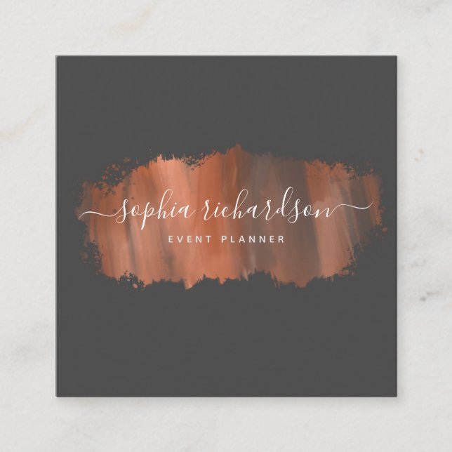 Chic Brush Stroke | Faux Rose Gold on Grey Square Business Card (Front)