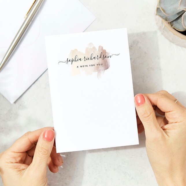 Chic Brush Stroke | Faux Rose Gold on White Note Card (A glam, faux rose gold look note card with your name in black script)