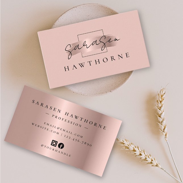 Chic Brush Stroke Faux Rose Gold Social Media Icon Business Card (Creator Uploaded)