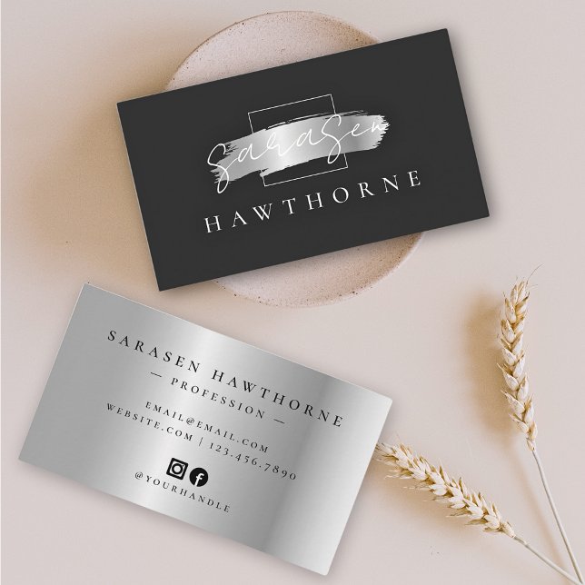 Chic Brush Stroke Faux Silver Elegant Black Business Card (Creator Uploaded)