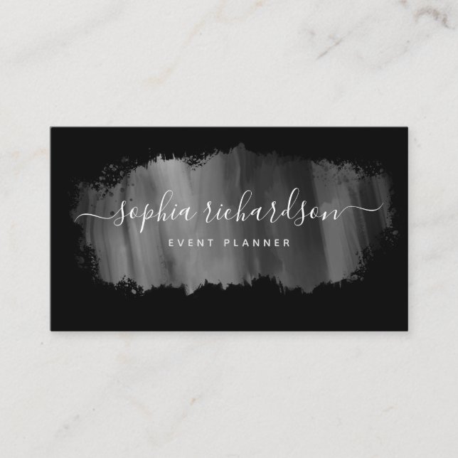 Chic Brush Stroke | Faux Silver on Black Business Card (Front)