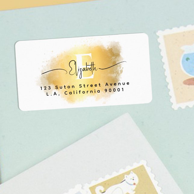 Chic Brush Stroke Gold White Monogram Black Script Label (Creator Uploaded)