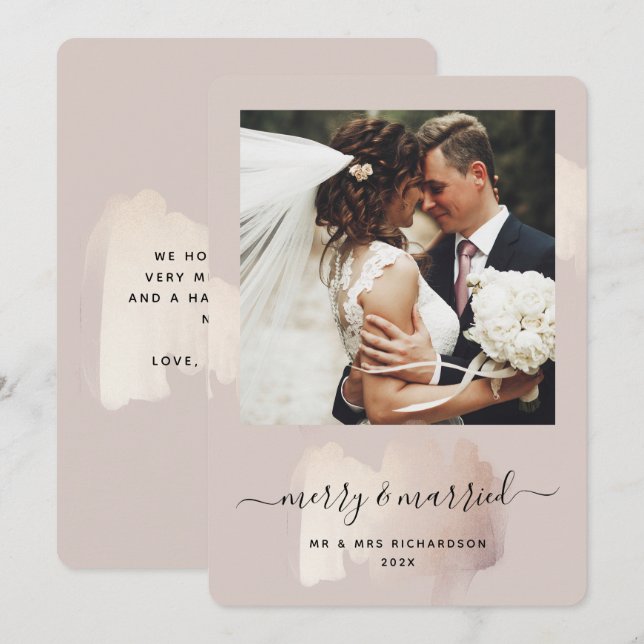 Chic Brush Stroke | Merry and Married Photo Holiday Card (Front/Back)