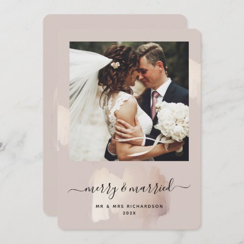 Chic Brush Stroke  Merry and Married Photo Holiday Card