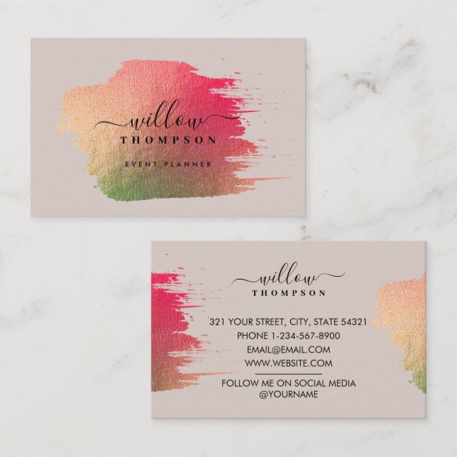Chic Brush Stroke Pink Gold on Rose Pink Business Card (Front/Back)