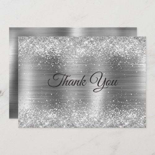 Chic brushed metal silver faux glitte thank you card