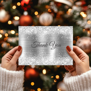 Chic brushed metal silver faux glitte thank you card