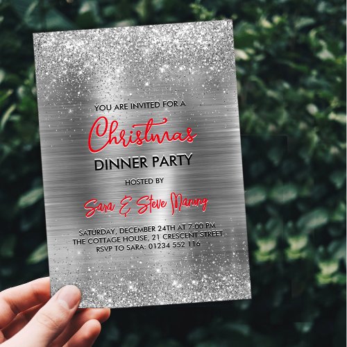 Chic brushed metal silver faux glitter Christmas  Invitation