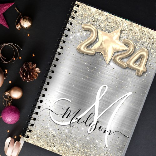 Chic brushed metal silver gold faux glitter 2024 planner