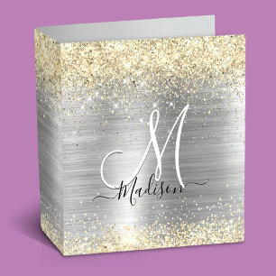 Chic brushed metal silver gold faux glitter 3 ring binder