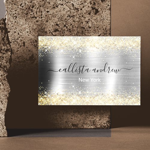 Chic brushed metal silver gold faux glitter business card magnet