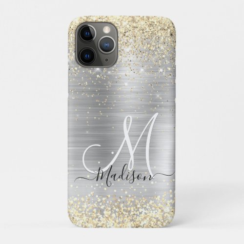 Chic brushed metal silver gold faux glitter iPhone 11 pro case