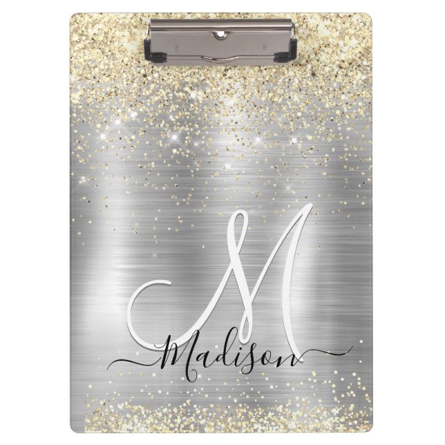 Chic brushed metal silver gold faux glitter clipboard (Front)