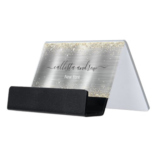 Chic brushed metal silver gold faux glitter desk business card holder