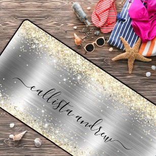 Chic brushed metal silver gold faux glitter desk mat