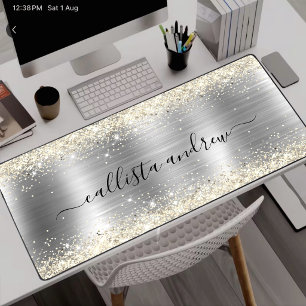Chic brushed metal silver gold faux glitter desk mat
