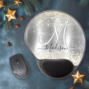 Chic brushed metal silver gold faux glitter gel mouse pad