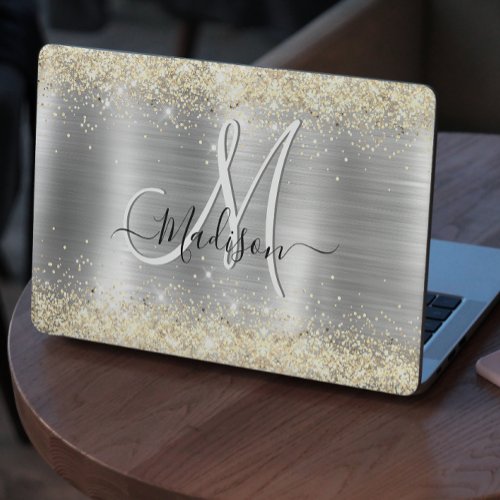 Chic brushed metal silver gold faux glitter HP laptop skin