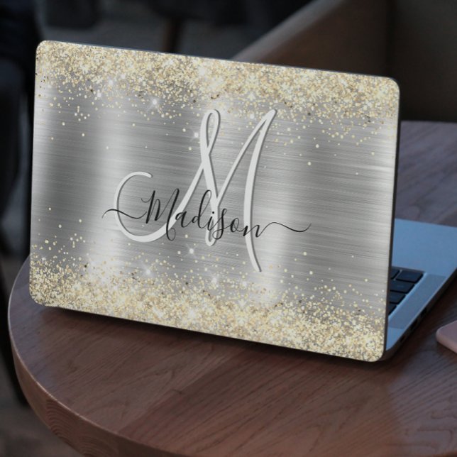 Chic brushed metal silver gold faux glitter HP laptop skin (Creator Uploaded)