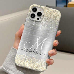 Chic brushed metal silver gold faux glitter iPhone 17 pro case