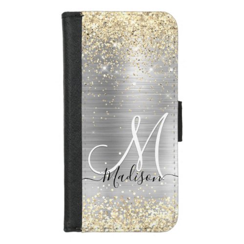 Chic brushed metal silver gold faux glitter iPhone 87 wallet case