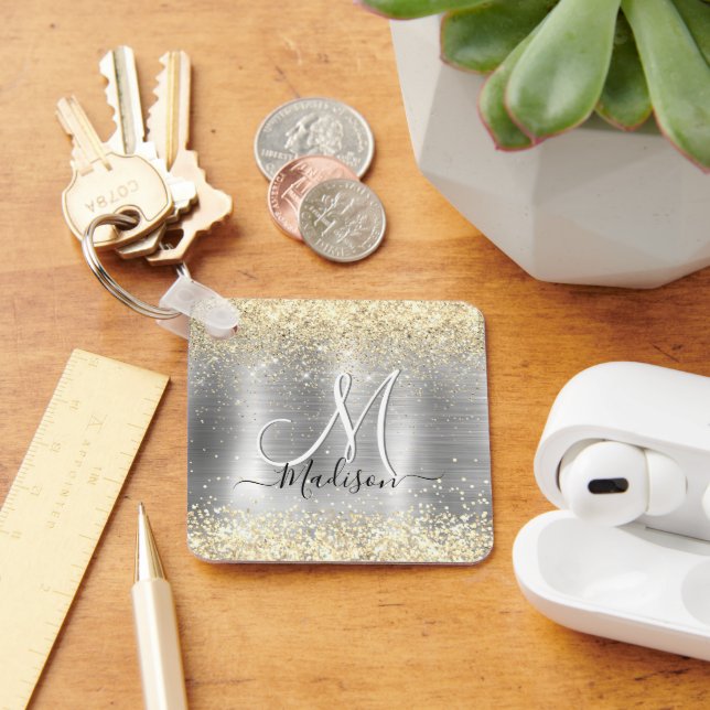 Chic brushed metal silver gold faux glitter keychain (Desk)