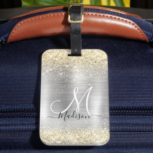 Chic brushed metal silver gold faux glitter luggage tag