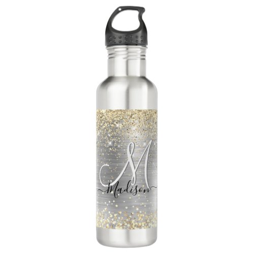 Chic brushed metal silver gold faux glitter stainless steel water bottle
