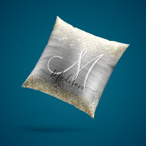 Chic brushed metal silver gold faux glitter throw pillow