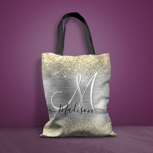 Chic brushed metal silver gold faux glitter tote bag