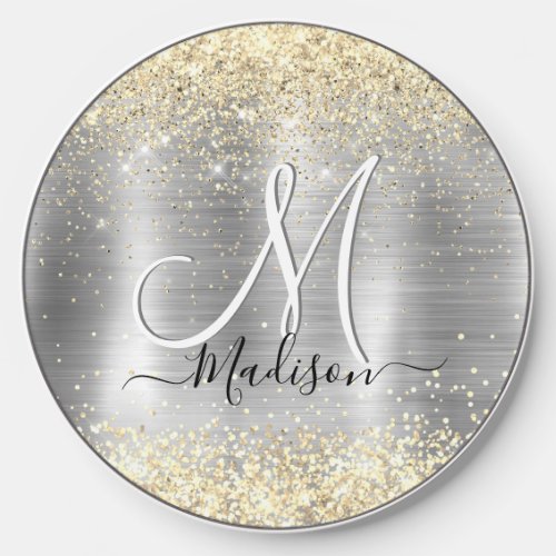 Chic brushed metal silver gold faux glitter wireless charger 