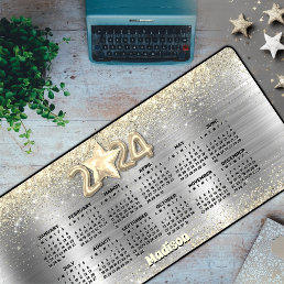 Chic brushed silver gold glitter 2024 calendar  desk mat