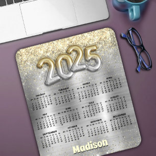 Chic brushed silver gold glitter 2025 calendar  mouse pad