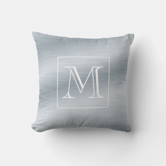 Chic Brushed Silver Monogram Throw Pillow (Front)