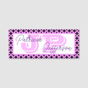 Chic Bubblegum Pink Black Lattice Monogram Name Tag