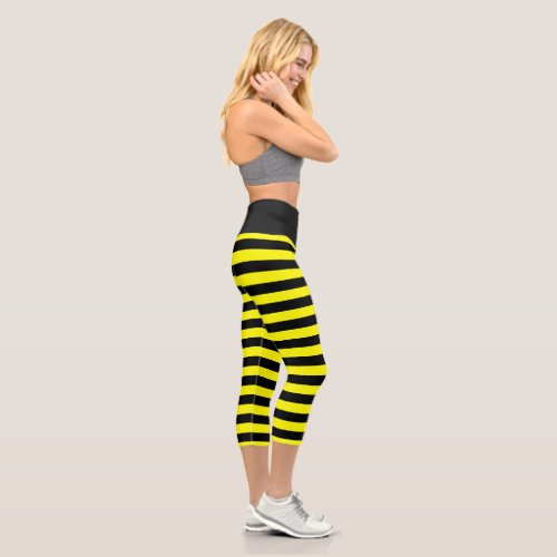 Chic Bumble Bee Style Black Yellow Stripes Pattern Capri Leggings