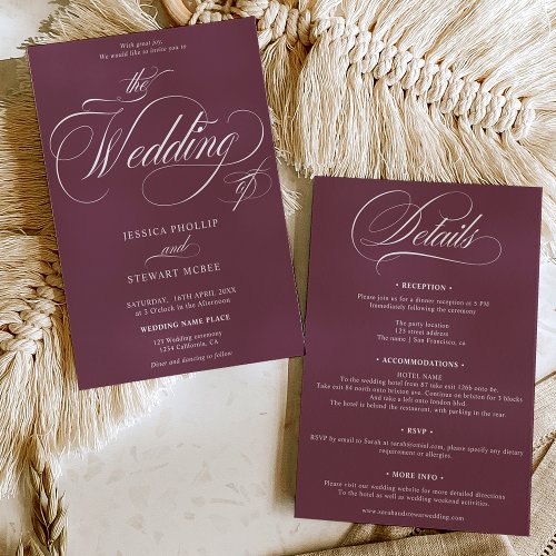 Chic burgundy all in one calligraphy wedding invitation