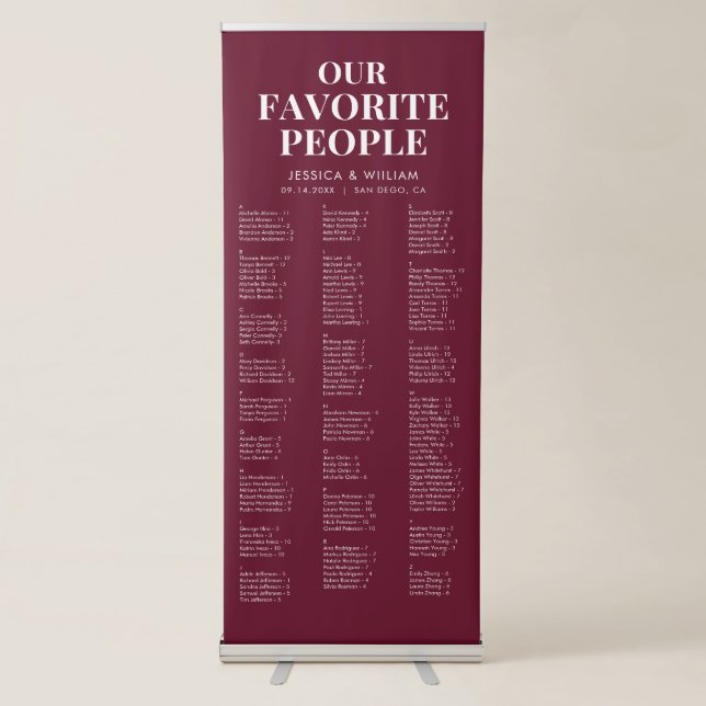 Chic Burgundy Alphabetical Wedding Seating Chart Retractable Banner (Front)