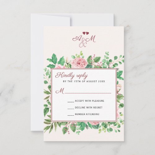 Chic Burgundy and Blush Floral Monogrammed Wedding RSVP Card