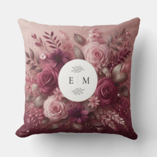 Chic Burgundy and Blush Pink Glitter Monogrammed  Throw Pillow