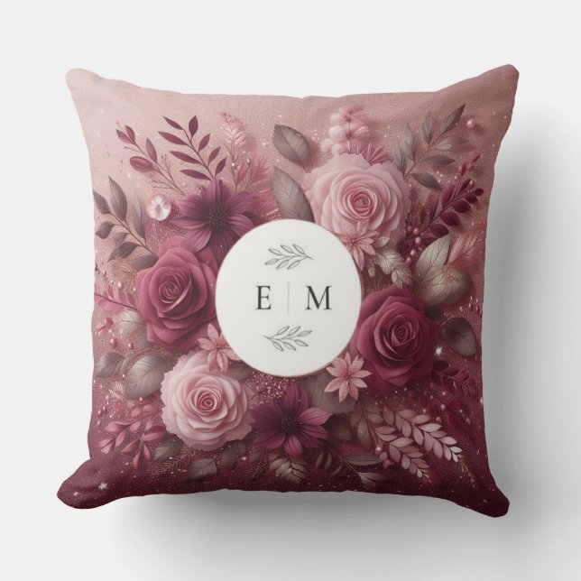 Chic Burgundy and Blush Pink Glitter Monogrammed  Throw Pillow (Front)