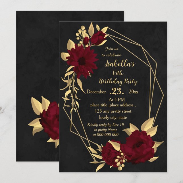 Chic burgundy and gold black birthday party invitation (Front/Back)