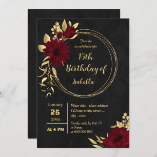 Chic burgundy and gold black birthday party invitation