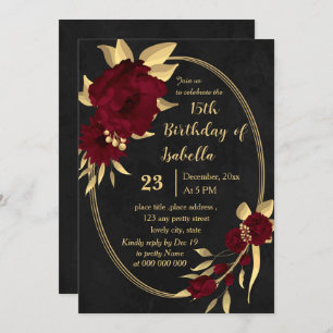Chic burgundy and gold black birthday party invitation