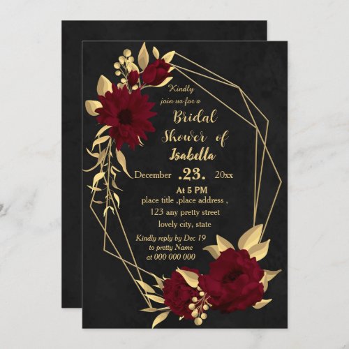 Chic burgundy and gold black bridal shower invitation