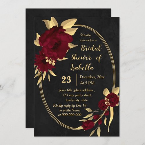 Chic burgundy and gold black bridal shower invitation
