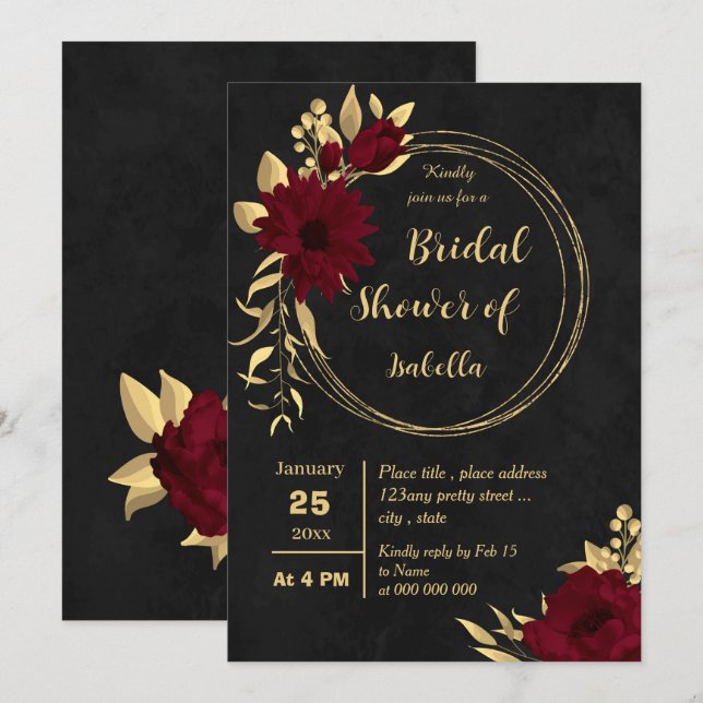 Chic burgundy and gold black bridal shower invitation (Front/Back)