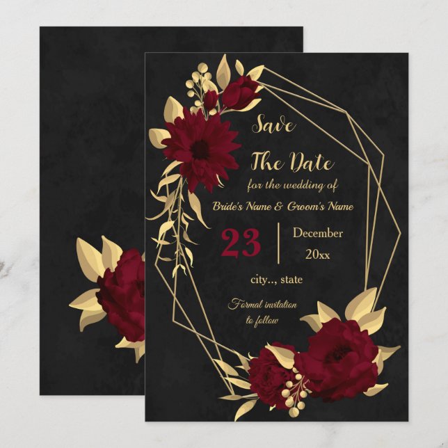 Chic burgundy and gold black geometric save the date (Front/Back)