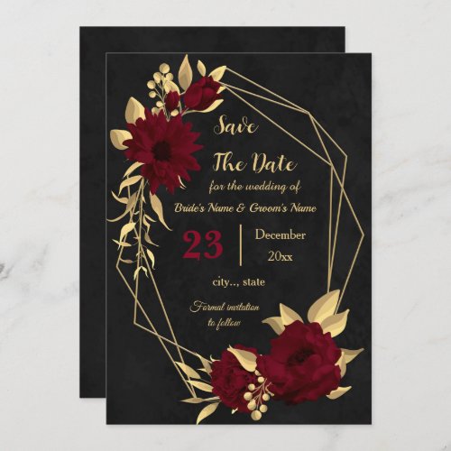 Chic burgundy and gold black geometric save the date