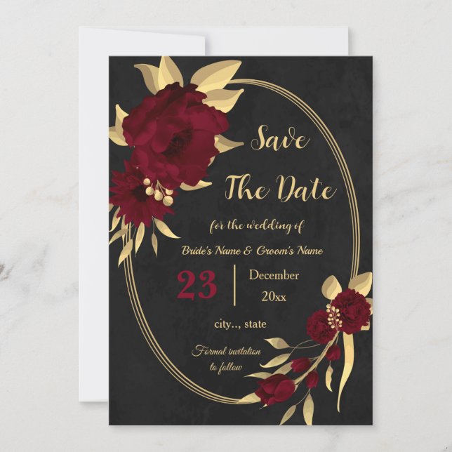 Chic burgundy and gold black geometric save the date (Front)